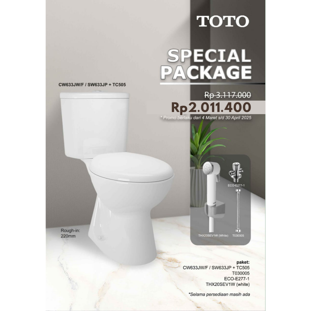 Kloset Duduk TOTO CW633JW-SW633JP + TC505 Set Free Jet Washer