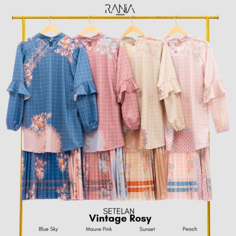 One Set Setelan Rok Plisket Premium Dan Atasan Blouse Wanita Motif Vintage Rosy