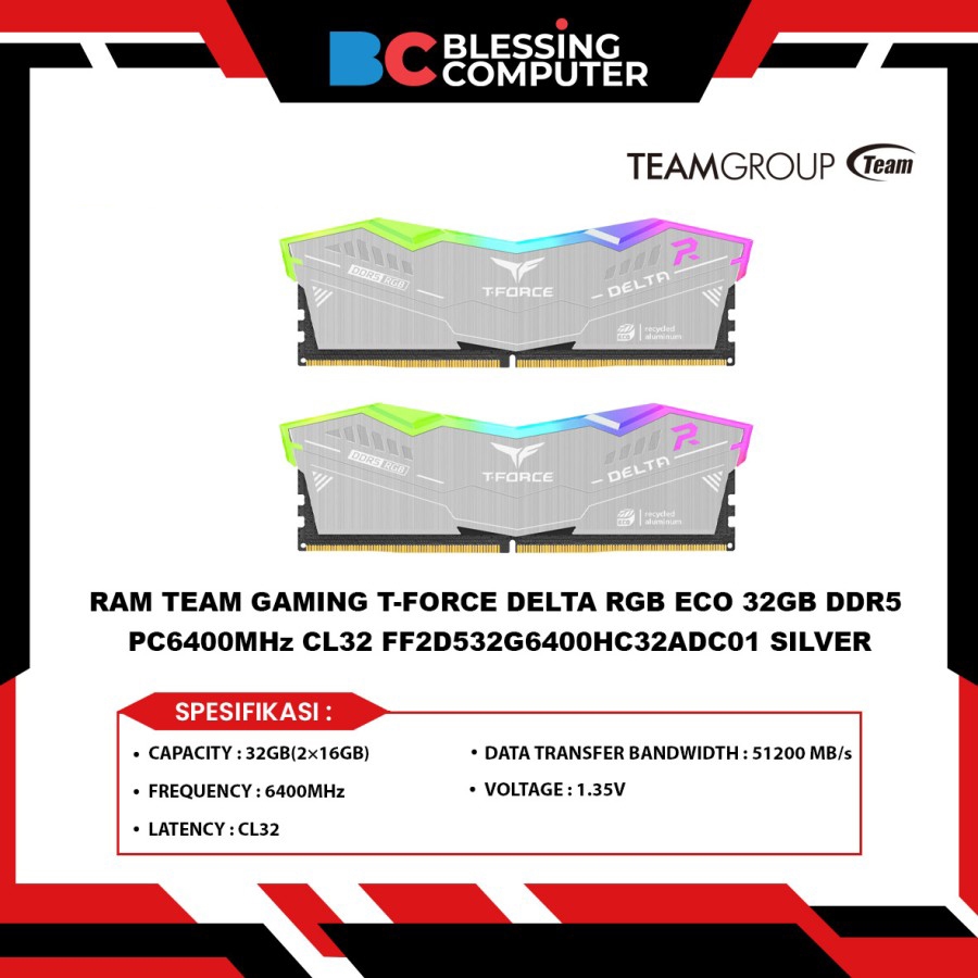 RAM TEAM GAMING T-FORCE DELTA RGB ECO 32GB DDR5 PC6400MHz CL32 FF2D532G6400HC32ADC01 SILVER