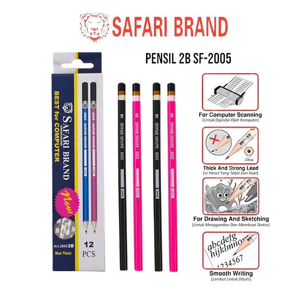 

(kode 2005) Pensil Kayu Pencil 2B Computer Komputer Murah merk Safari Non Toxic Pencil (12pcs)