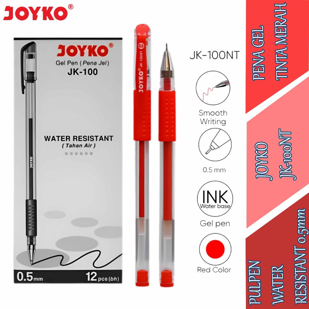 

Pulpen Water Resistant - Joyko - Pen Gel Tinta Merah - 0.5mm JK-100NT
