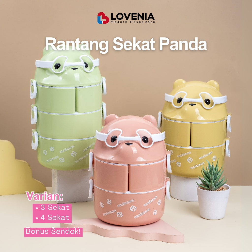 Rantang Panda kacamata Sekat bonus Sendok Makan Plastik / Lunch Box Beruang Karakter  lucu
