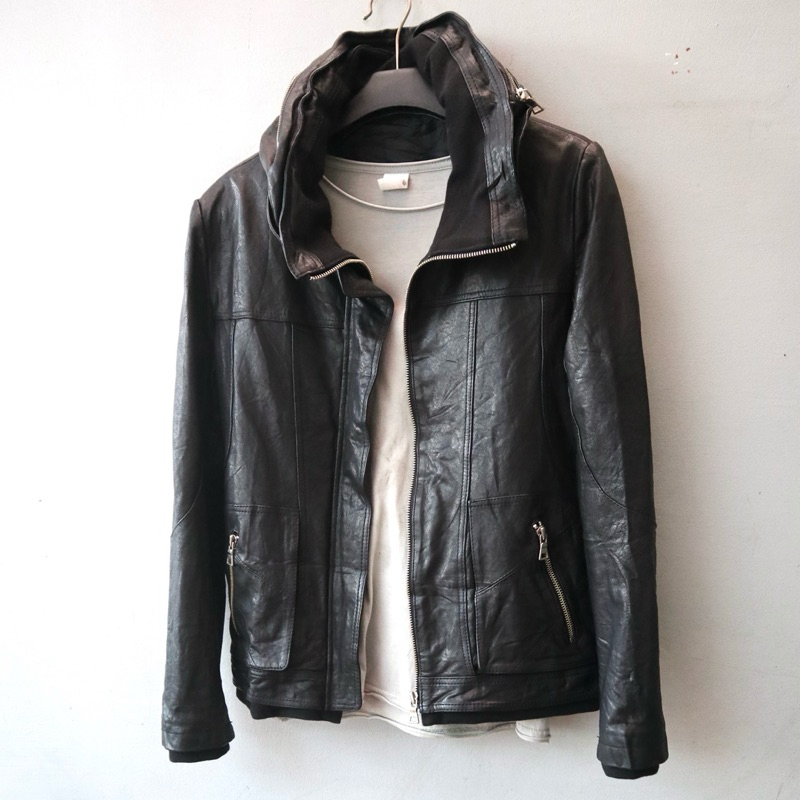 Jaket kulit asli domba slim hoodie topi jaket motor biker rider hudi hodi genuine leather Pl Bekas P