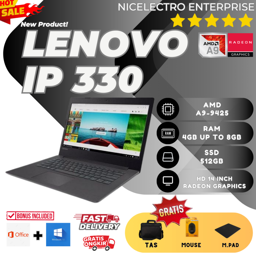 LAPTOP LENOVO IDEAPAD IP 330 / AMD A9-9425 / RAM 8GB / SSD 512GB / DVD / 14 INCH / FREE BONUS