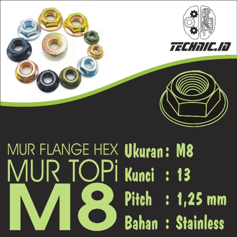 Mur Flange Hexagonal m8 stainless, mur flange hex m8 stainless, mur topi m8, mur Flange Hexagonal ku