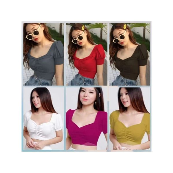 crop top wanita Korea style -crop top kerut lengan balon -crop top -crop top kekinian  spandek rayon