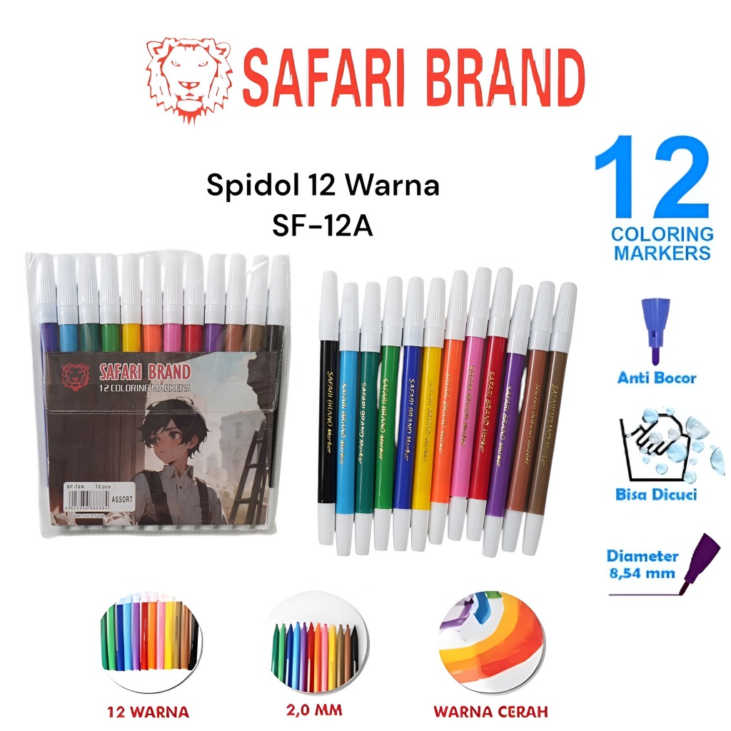 

(SF12A) Spidol Kecil Standard Warna Warna Warni Set 12 warna coloring marker Safari Brand Murah Kualitas Bagus Mirip Snowman