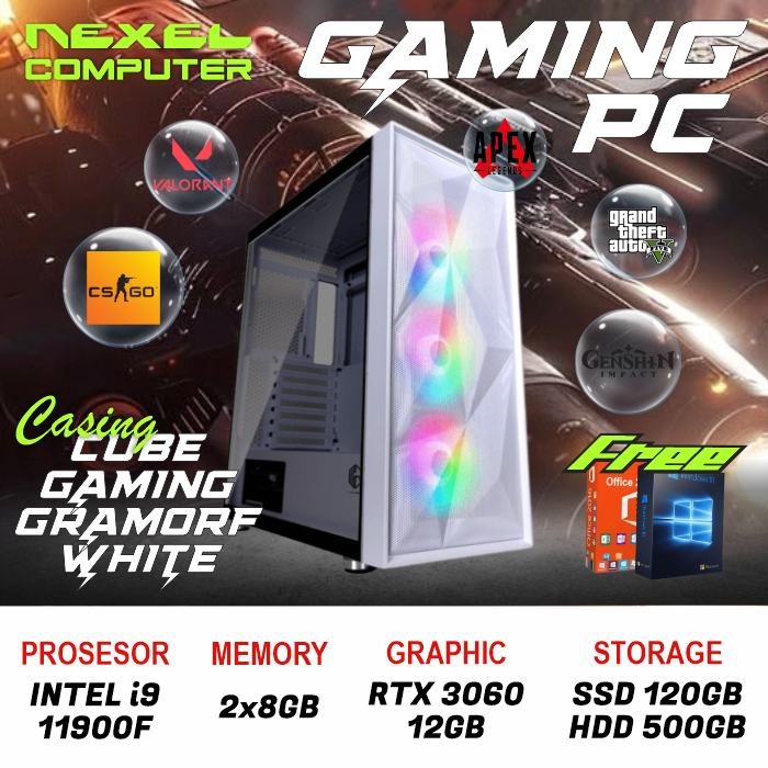 Pc Gaming High End - INTEL i9 11900F - RTX 3060 12GB - 16GB RAM - SSD 120GB + HDD 500GB - Siap Rende