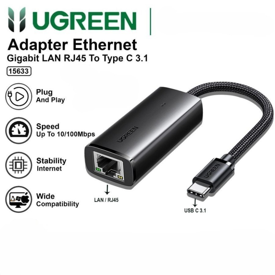 UGREEN 15633 Type C to LAN Ethernet Adapter RJ45 Network 100 mbps / Lan Adapter