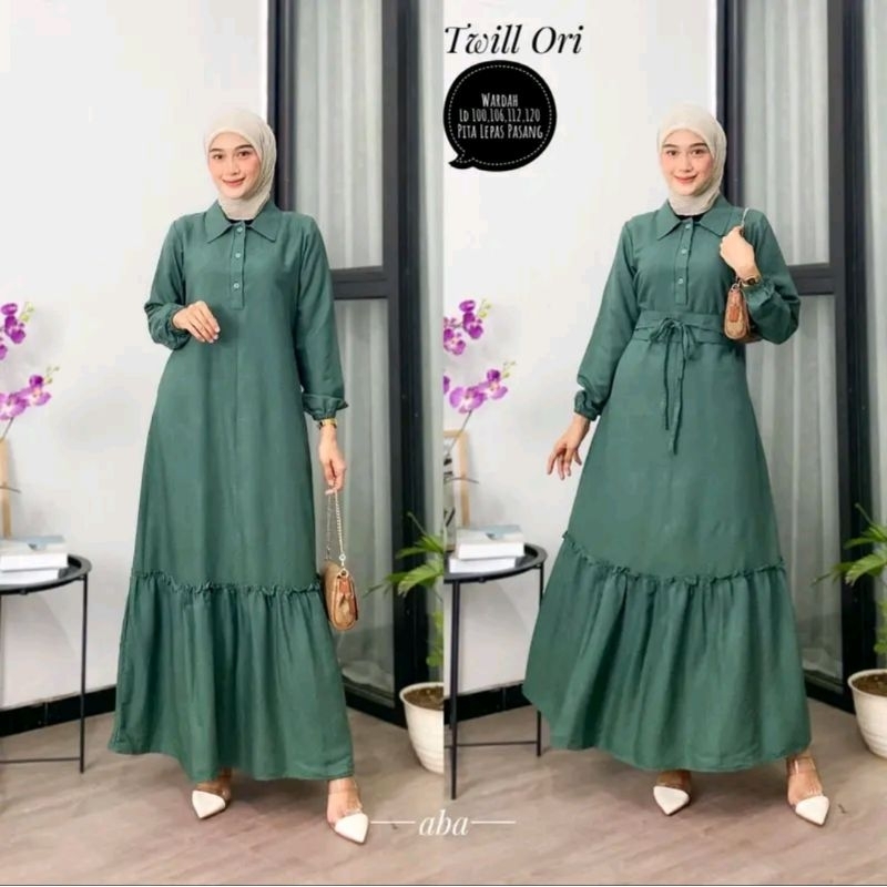 Gamis Twill Polos Model Tali Pita Rempel Bawah Busui Kancing Dress Cantik Syari Remaja