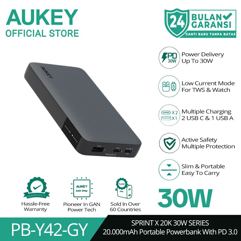 AUKEY Powerbank 20000mah PB-Y42 USB C 30W PD 3.0 Slim