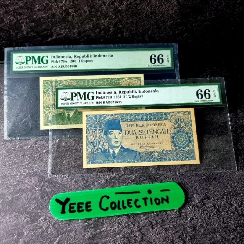 SET 2 Lembar Sukarno 1 dan 2,5 Rupiah Borneo PMG 66 EPQ Tahun 1961