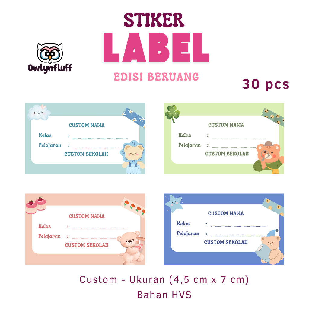 

30 Pcs Stiker Label Nama Buku Edisi Beruang (Custom)