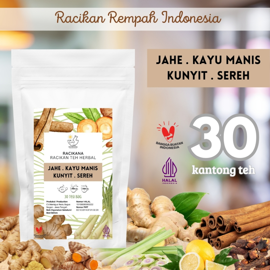 

TEH JAHE KAYU MANIS KUNYIT SEREH SERAI CELUP / Ginger Cinnamon Turmeric Lemongrass Tea / Teh Rempah Rimpang / 30 Tea Bag