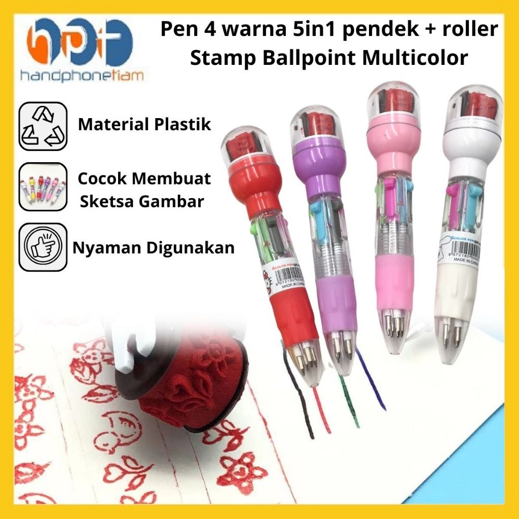 

Pen 4 warna 5in1 pendek + roller Stamp Ballpoint Multicolor Peralatan Sekolah Kantor Simple Praktis Alat Tulis bentuk Lucu