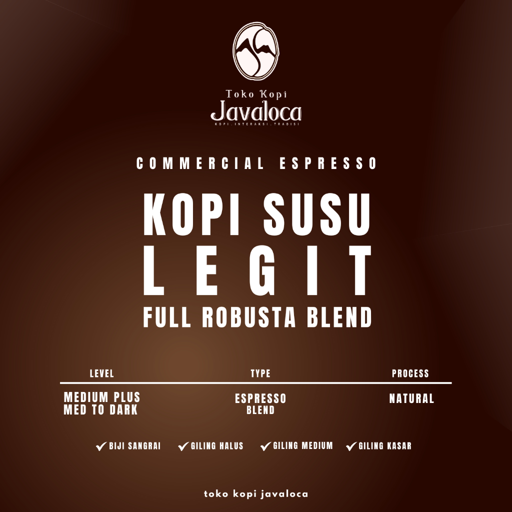 

TokoKopiJavaloca - SPECIAL Robusta Blend Espresso Kopi Susu Legit Komersial 1KG