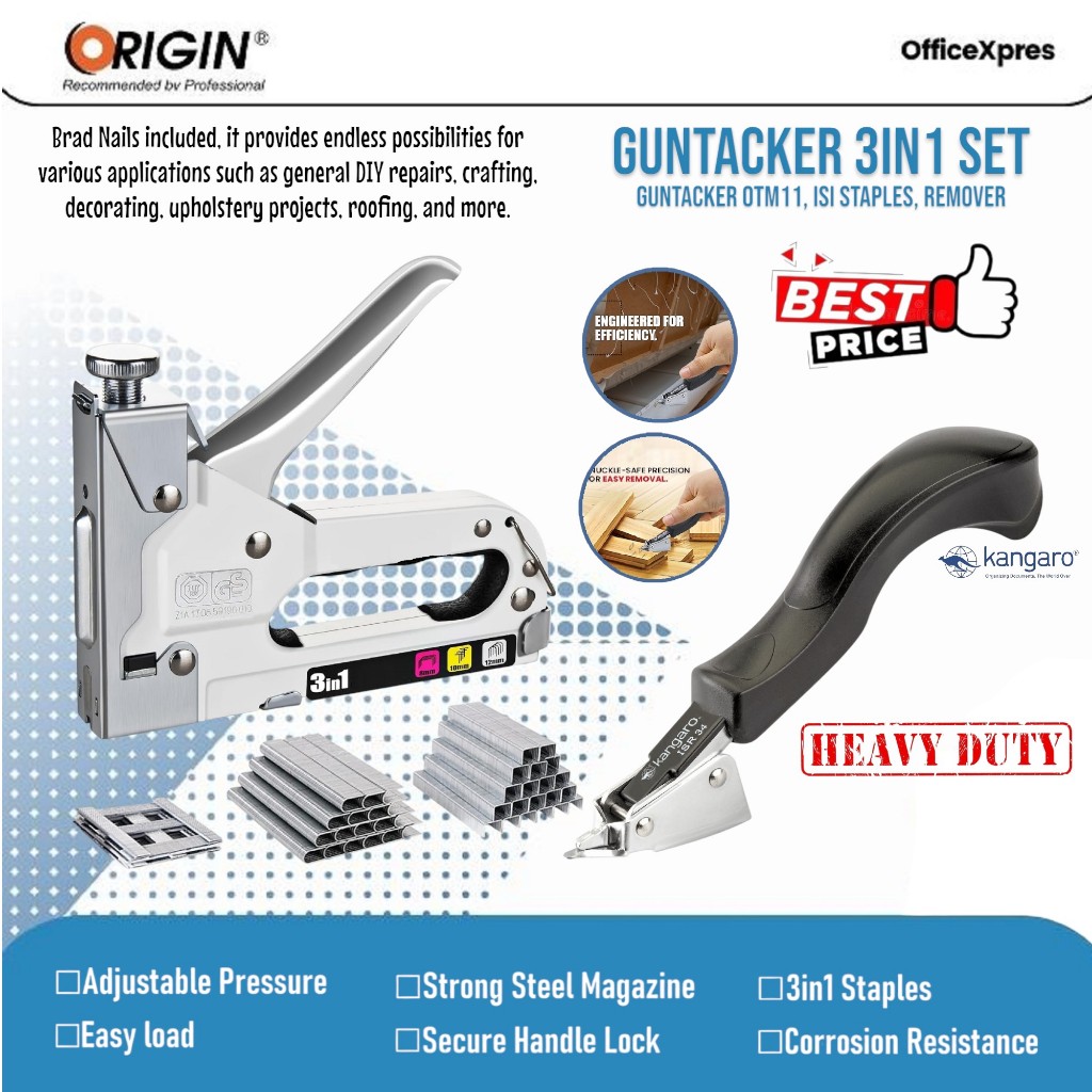 

ORIGIN Staple Gun Set 3IN1 / Staples Tembak OTM 11 + Heavy Duty Remover ISR-34 / Stapler Kayu dan Pembuka Staples