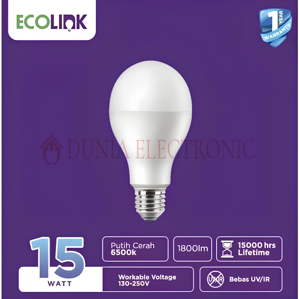 (DUNIA ELECTRONIC) LAMPU BOHLAM LED BULB ECOLINK 15WATT PUTIH COOL DAY LIGHT