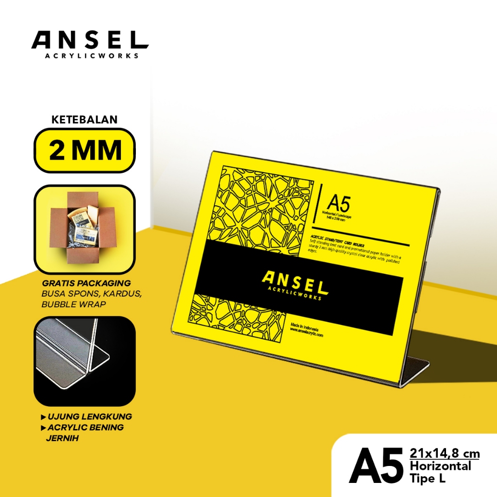 

ANSEL Tent Holder Akrilik Tipe L / A5 Horizontal Landscape 21x14,8 cm / [Brosur, Acrylic, Display]