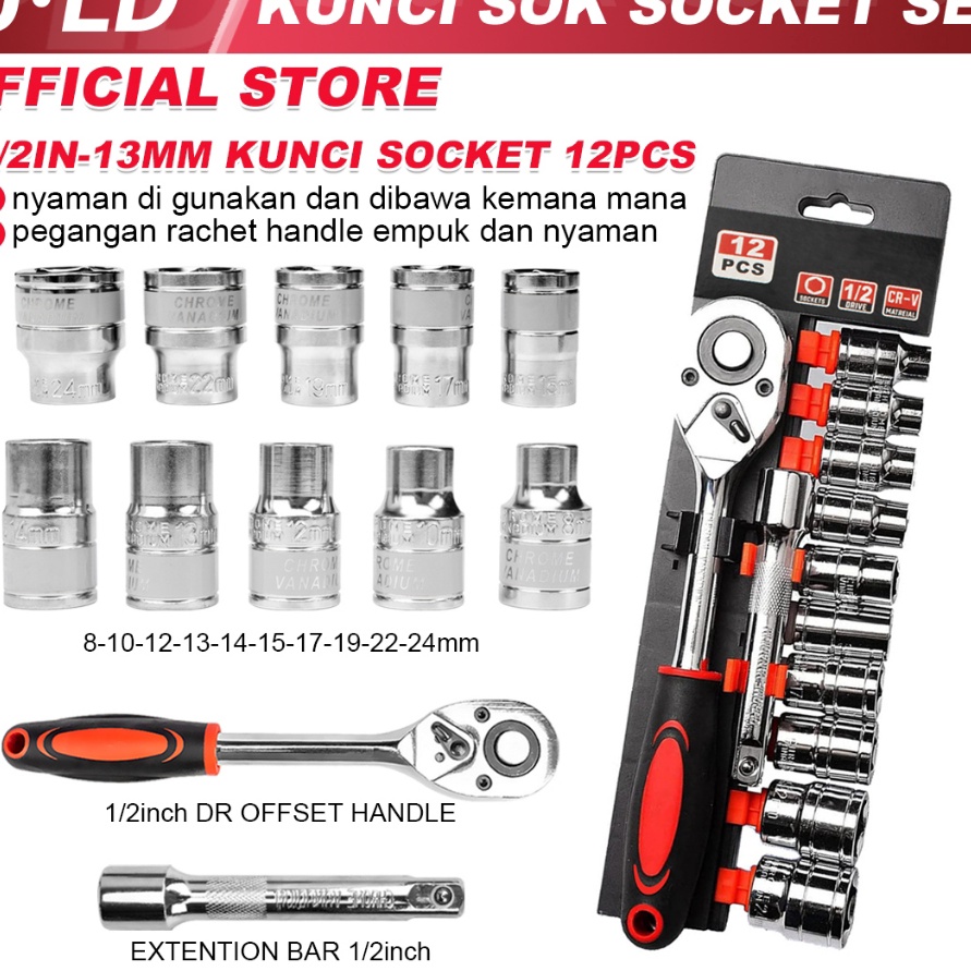 Terlaris JLD 12in Kunci Set Socket Sok CRV 12pcs Kunci Sok Wrench Rachet alat perkakas lengkap motor