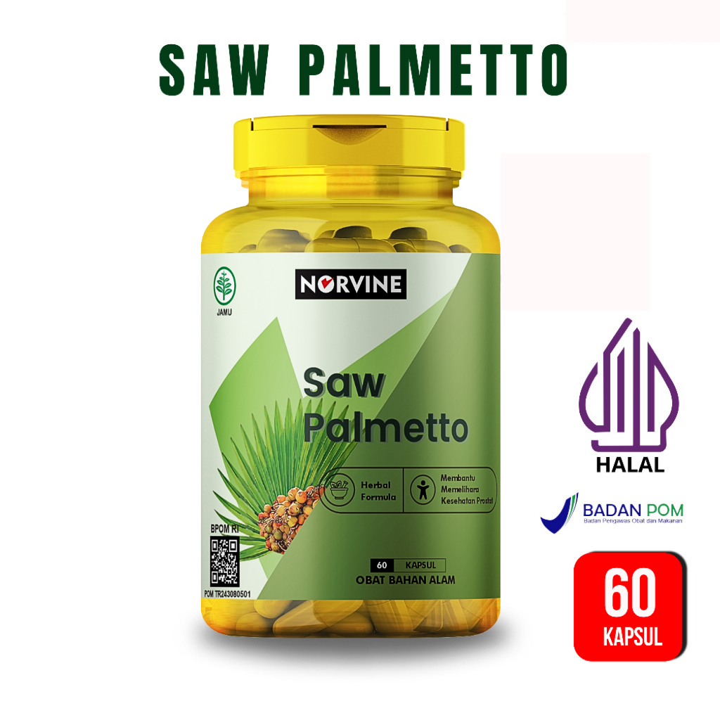 SAW PALMETTO NORVINE 60 KAPSUL HERBAL PROSTAT DHT BLOKER RAMBUT BOTAK ORIGINAL HALAL BPOM