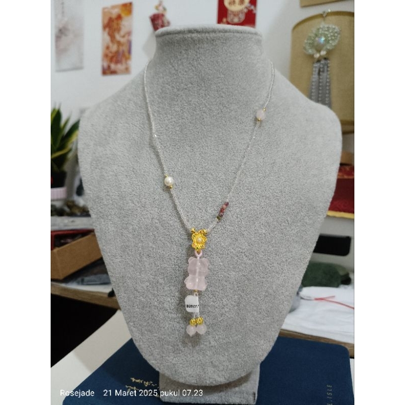 Kalung Rose Quartz Bear mix tourmaline + sertifikat