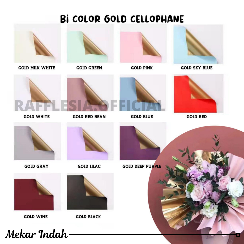 

[5 LEMBAR] Flower Wrapping Paper Bi Color Gold Emas Cellophane Kertas Bunga Korea