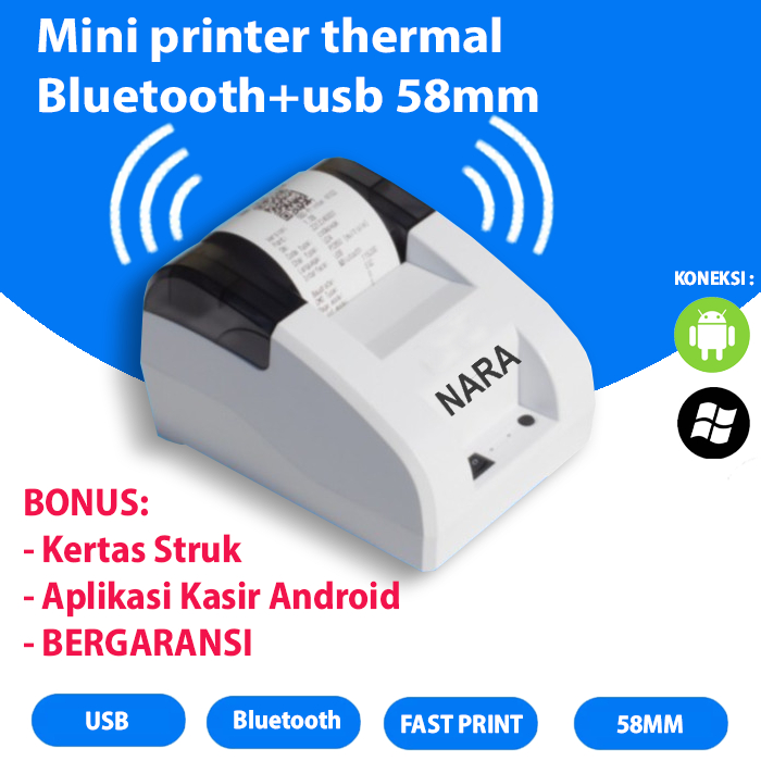 PRINTER BLUETOOTH Mini Printer Thermal 58 mm NARA Thermal Bluetooth Printer USB Receipt Bill Ticket 