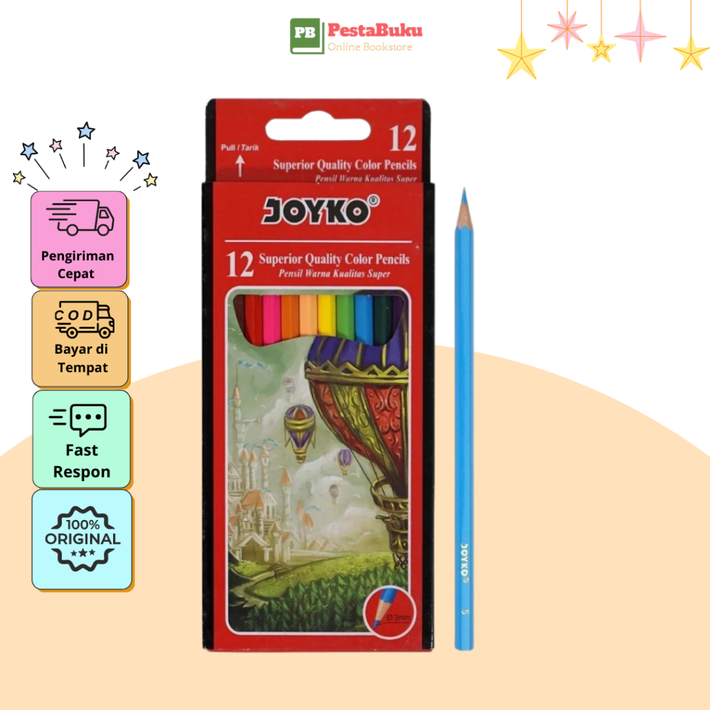 

Joyko Pensil Warna 12 Warna Panjang CP 103 - Woodless Colour Pencils Hexagonal