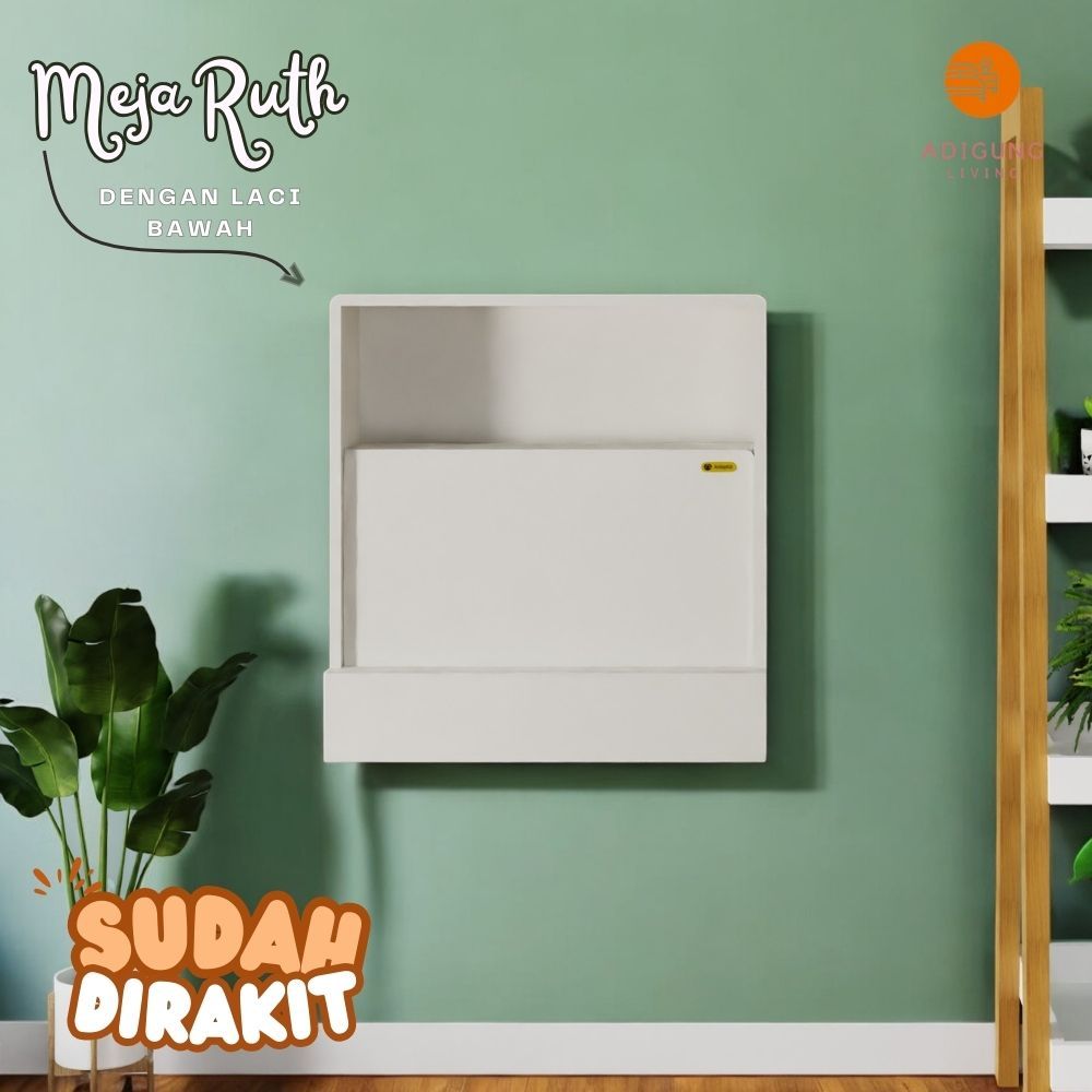 Meja belajar Anak Dengan Rak Buku -  Meja Belajar Warna Putih Laci Bawah Tempel Dinding