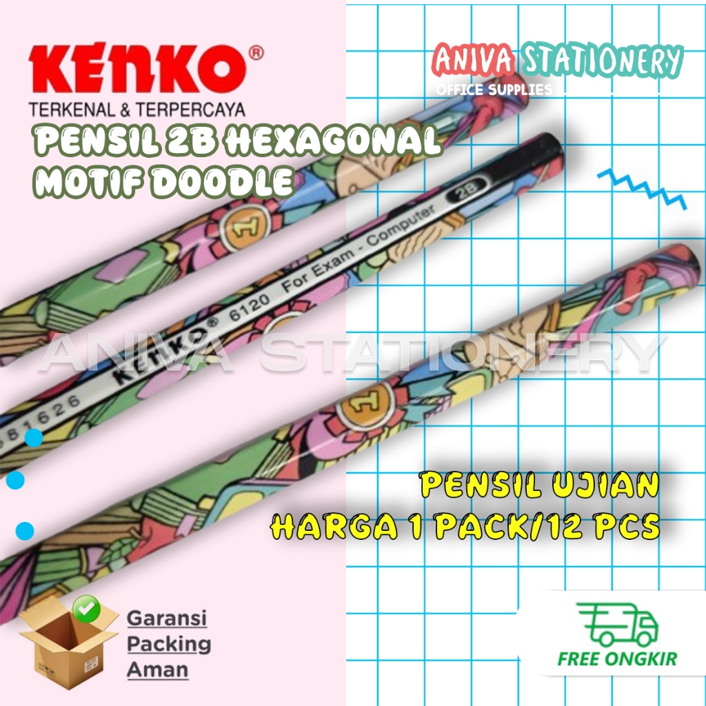 

12 Pcs Kenko Pencil 2B Motif Doodle Pensil Ujian Bentuk Hexagonal