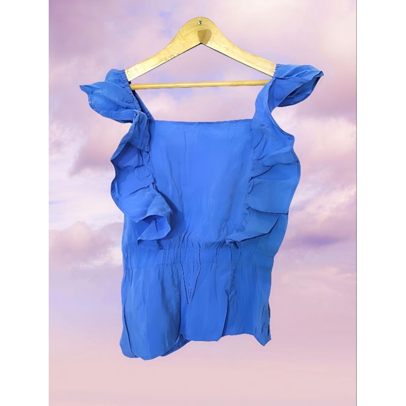 MANGO Top Peplum Ruffle Katun Blue