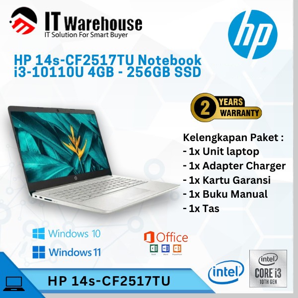 HP 14s-CF2517TU - Notebook i3-10110U-4GB-256GB SSD - W10Home / W11Home + OHS