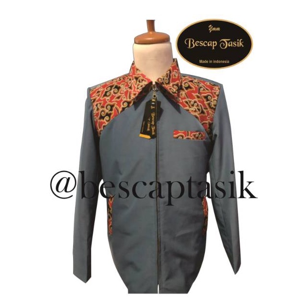 KODE R97I Jasket Kombinasi Batik Mega Mendung Motif Sayap Abu SMA
