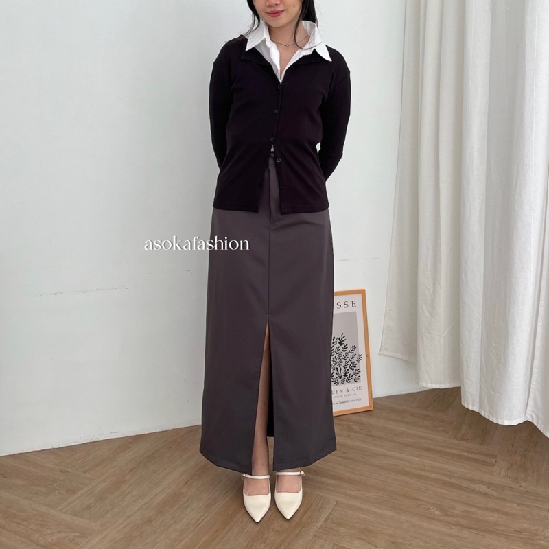 ASOKA Dani Skirt Bawahan Wanita Rok Sexy Slit Maxy Skirt A-Line Korean - Dark Grey