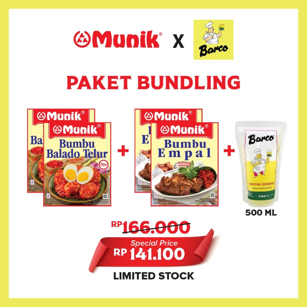 

Paket Bundling 2 Bumbu Munik Balado Telur + 2 Bumbu Munik Empal + Minyak Barco 500ml