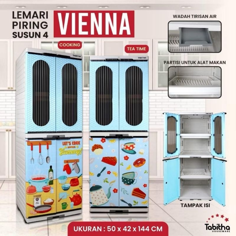 Lemari Rak Piring Plastik VIENNA Transparan 4 Susun Lemari Penyimpanan Serbaguna