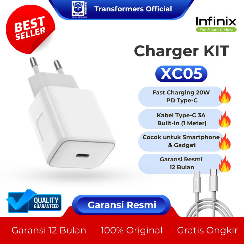 Transformers x Infinix XC05 Charger Kit Fast Charging 20W, Port Type-C, PD 3.0 & QC 3.0