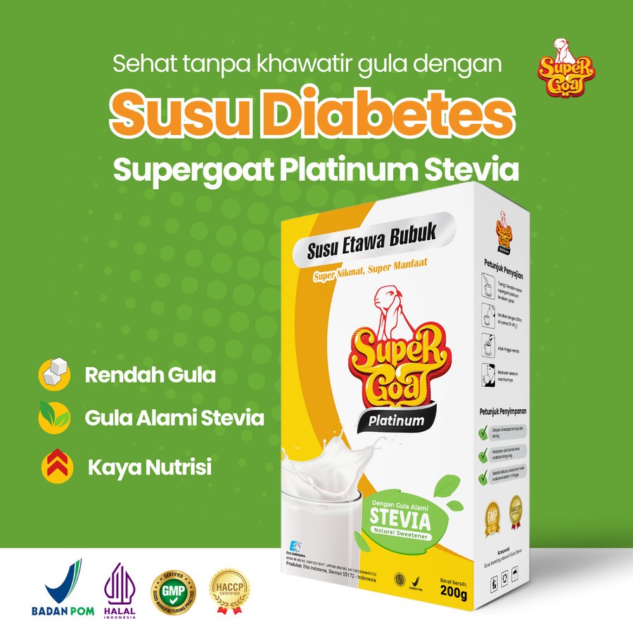

Susu Diabetes Kambing Etawa Supergoat Stevia Platinum-Orginal Supergoat 200gr- Susu Kambing Etawa Supergoat Isi 1 Box