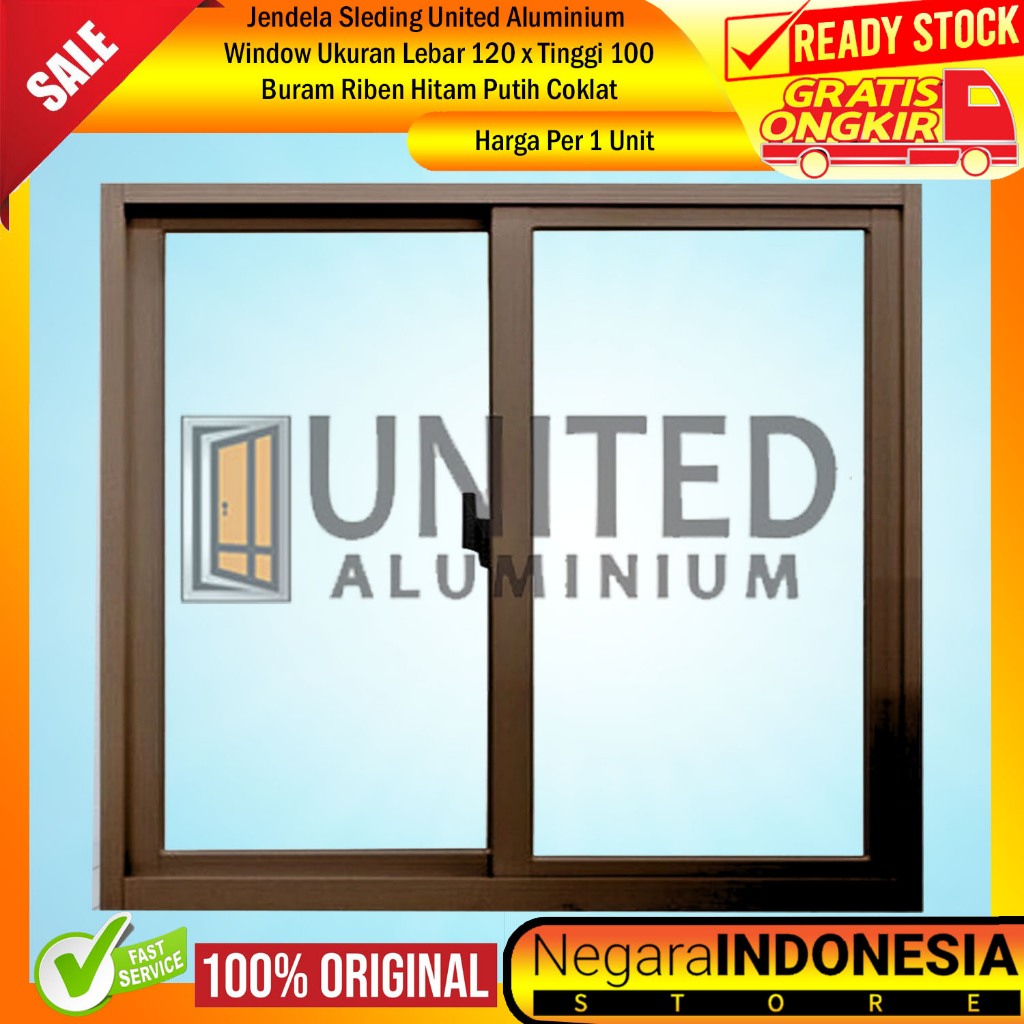 United Aluminium Jendela Sleding Ukuran L120xT100 CM Abu Hitam Putih Coklat Silver Urat Kayu Kaca Cl