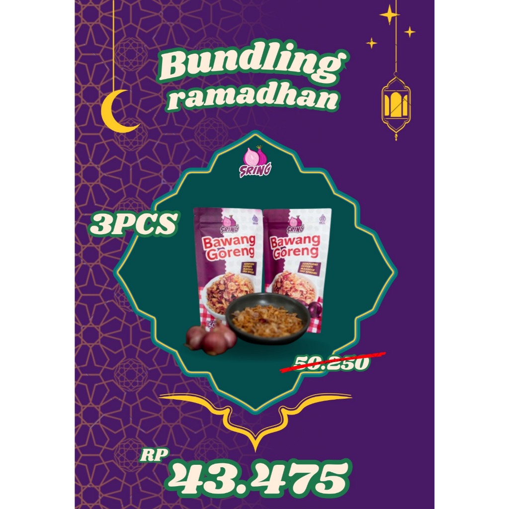 

[PROMO BUNDLING 3] Bawang Goreng Sring 50 Gr Premium minim tepung, tahan lama, Kemasan Pouch Ziplock