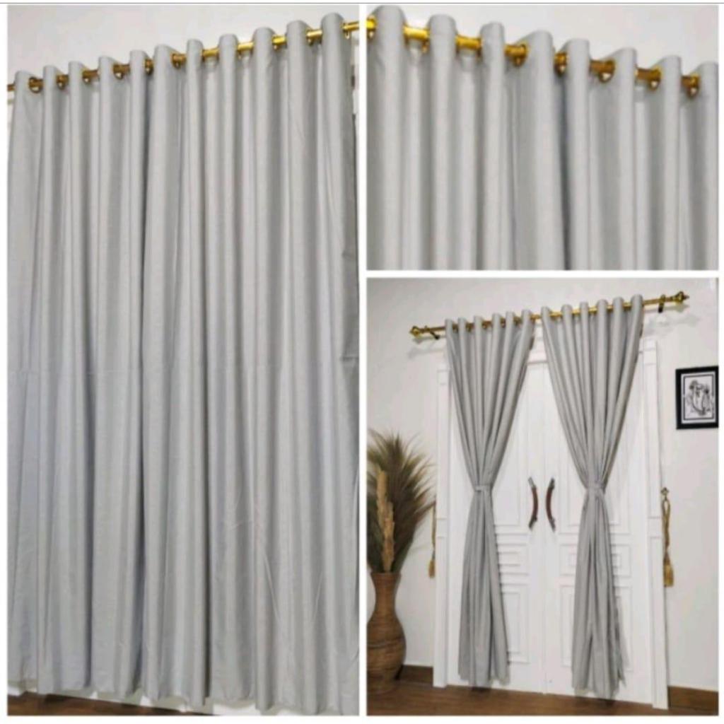 [ 2 pcs ] Gorden Abu abu / silver ukuran 100x230 cm smokering polos emboss kordeng jendela atau pint