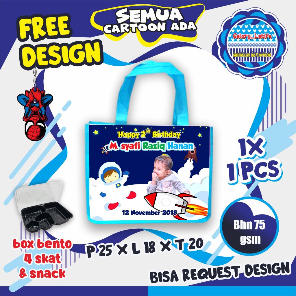 

GOODIE BAG ULANG TAHUN CUSTOM /TAS ULTAH MURAH/ TAS ULTAH LUCU BISA REQUEST FOTO DAN DESAIN SEMUA KARTUN BISA MUAT BOX BENTO 4 SKAT