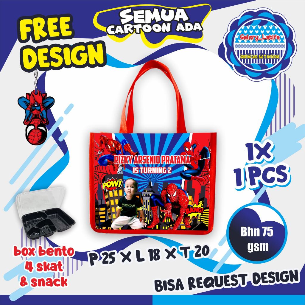 

GOODIE BAG ULANG TAHUN CUSTOM /TAS ULTAH MURAH/ TAS ULTAH LUCU BISA REQUEST FOTO DAN DESAIN SEMUA KARTUN BISA Muat BOX BENTO 4 SKAT