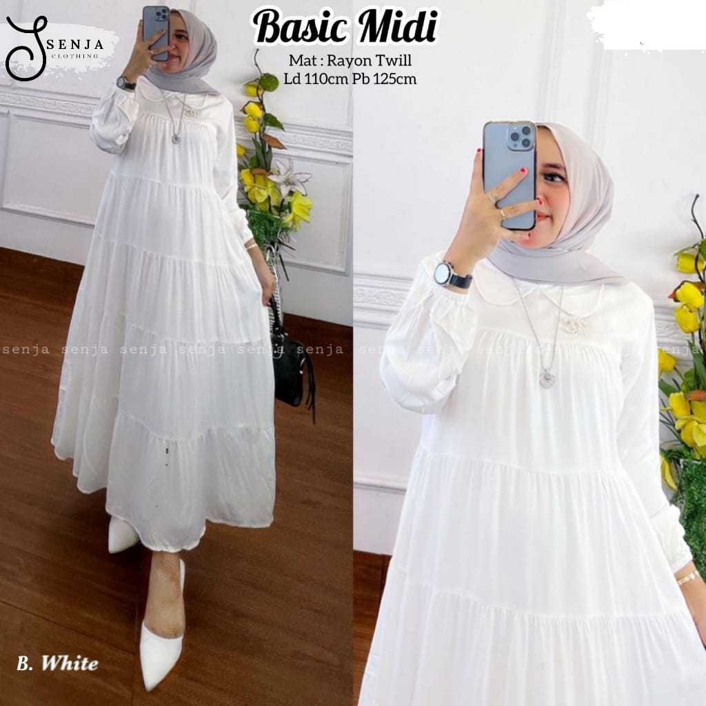 Basic midi by SENJA ld 110 Rayon Twill gamis long dress muslim wanita polos hitam putih umpak susun