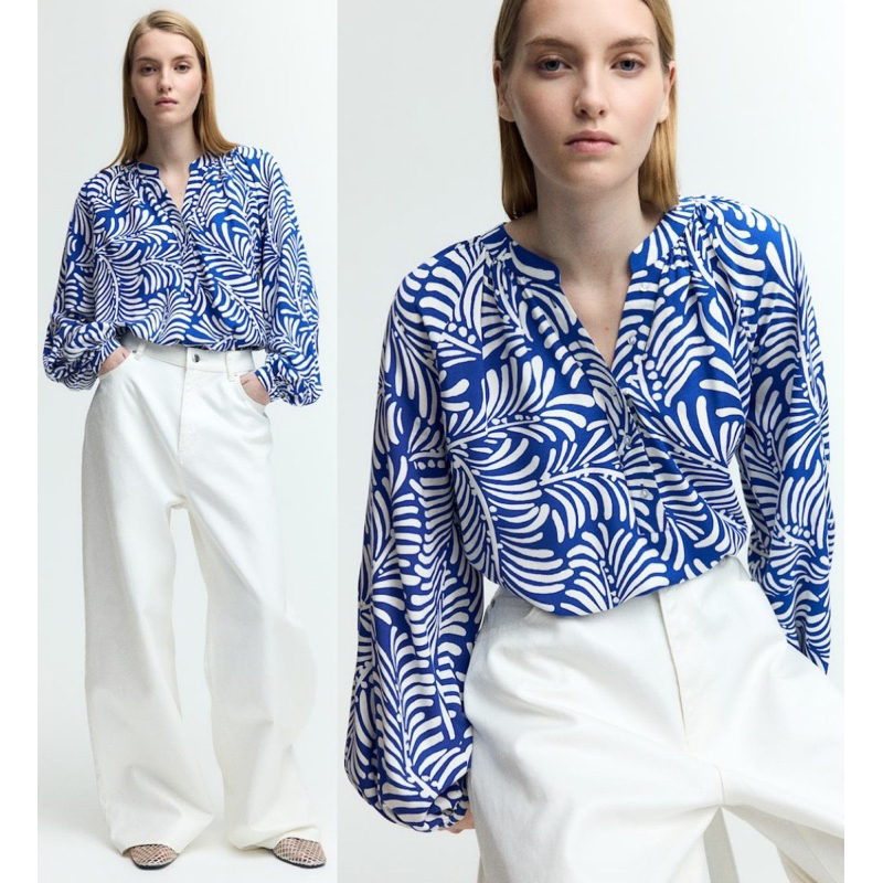 atasan lengan panjang wanita / H**** henley long sleeve oversized blouse (blue motif)