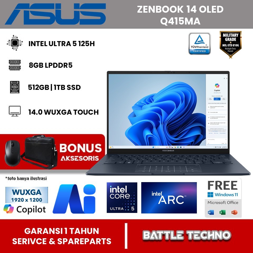 Laptop Asus Zenbook OLED 14 Q415MA Intel Ultra 5 125H 8GB 1TB Wuxga Touchscreen Windows 11