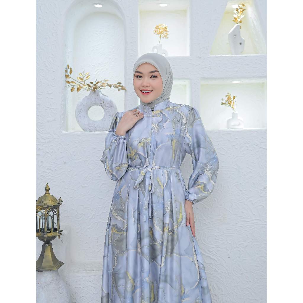 LIBUNCA - Gamis Bahan Armani Silk Busui Frendly Motif Abstrak Lengan Balon