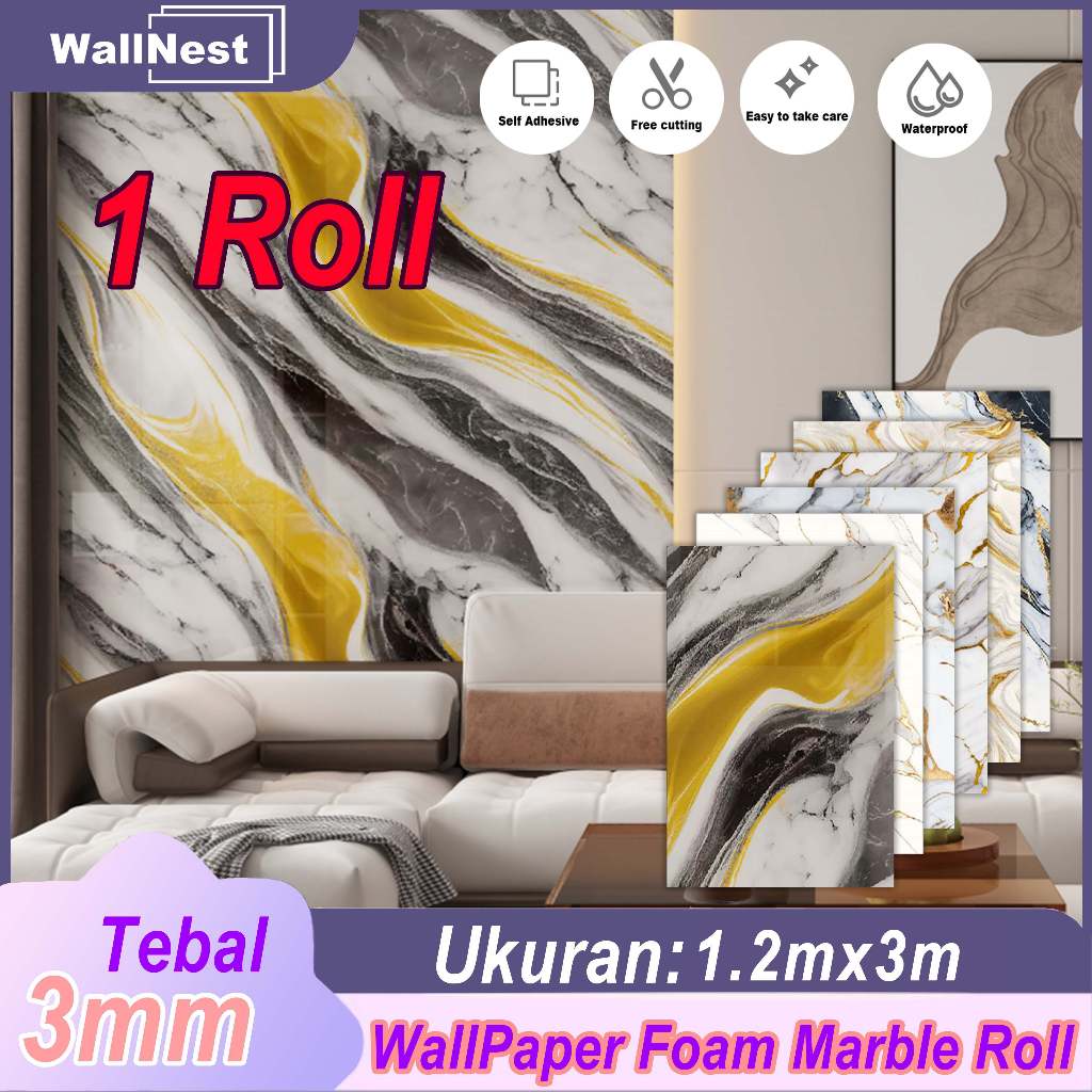 [WallNest]Wallpaper Dinding Vinyl Marble 1.2 x 3 Meter(1Roll) Stiker Dinding Vinyl Motif Vinyl Marbl