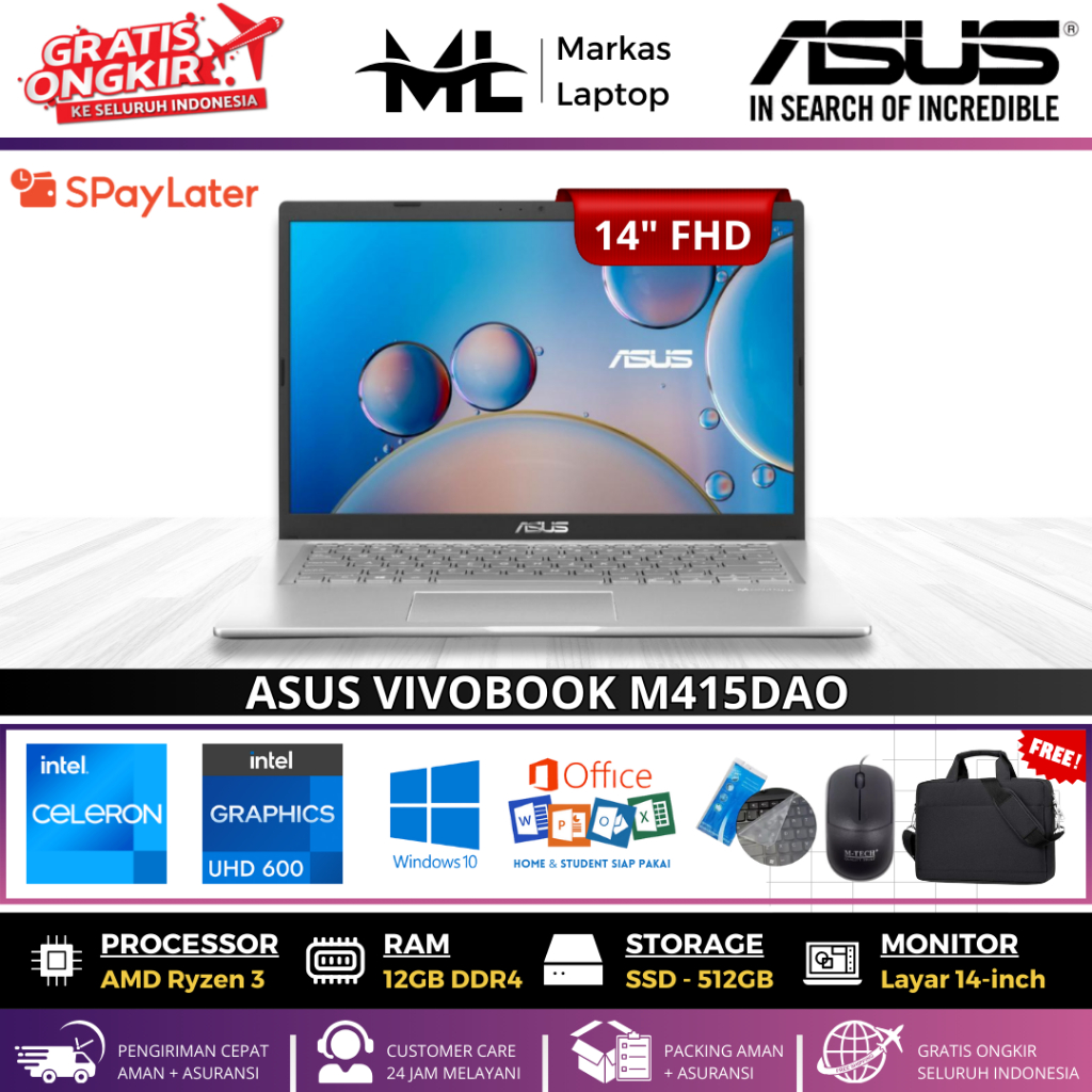 LAPTOP ASUS VIVOBOOK M415DAO AMD RYZEN 3-3250U RAM 12GB SSD 512GB 14"FHD